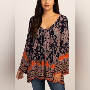 Bila Womens Tunic Top Size XL Navy Blue Orange Paisley 3/4 Sleeve V-Neck‎